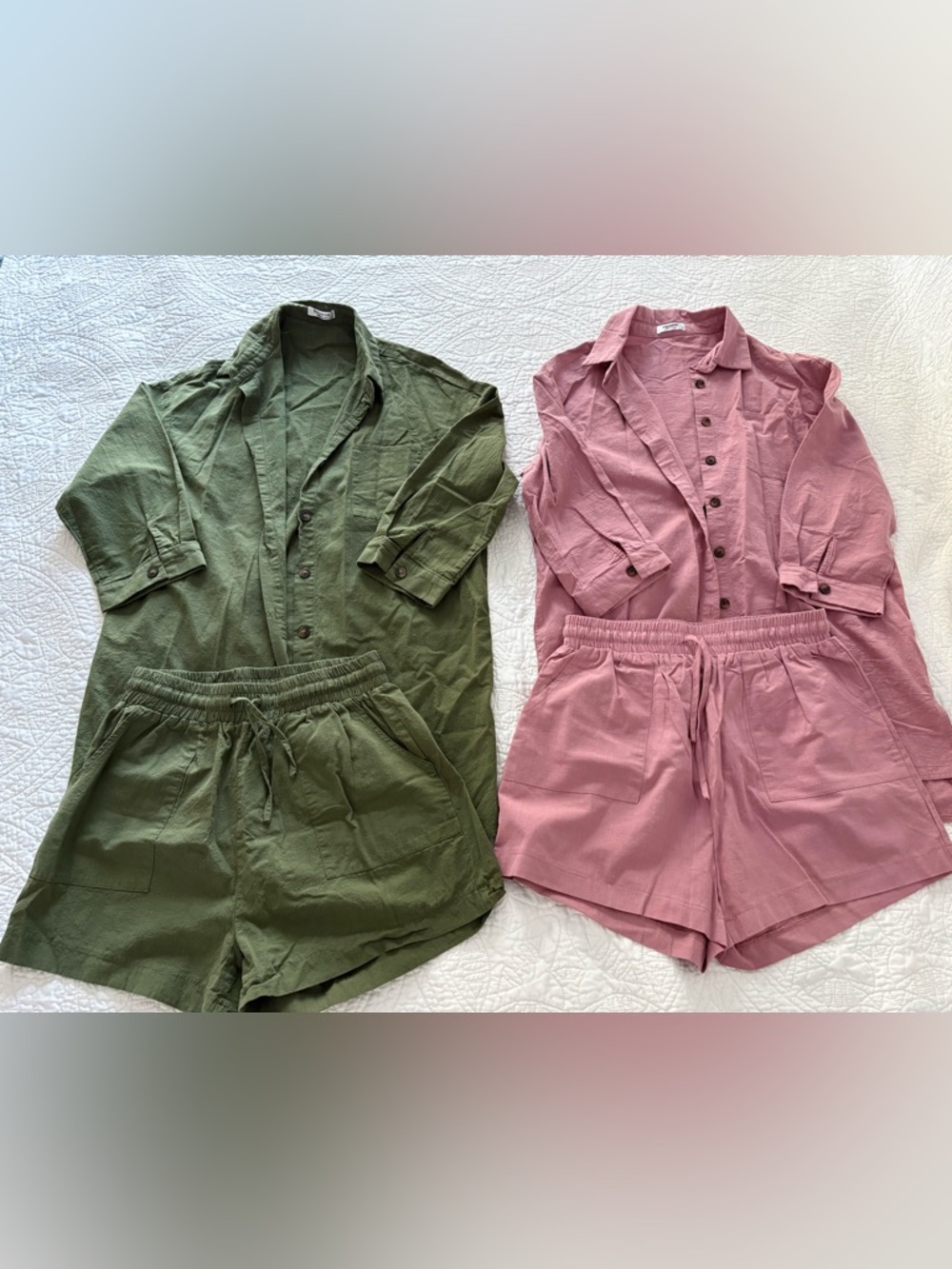 Women’s 2 Piece Lounge Set Bundle Medium Pink Olive Shirt Shorts Matching